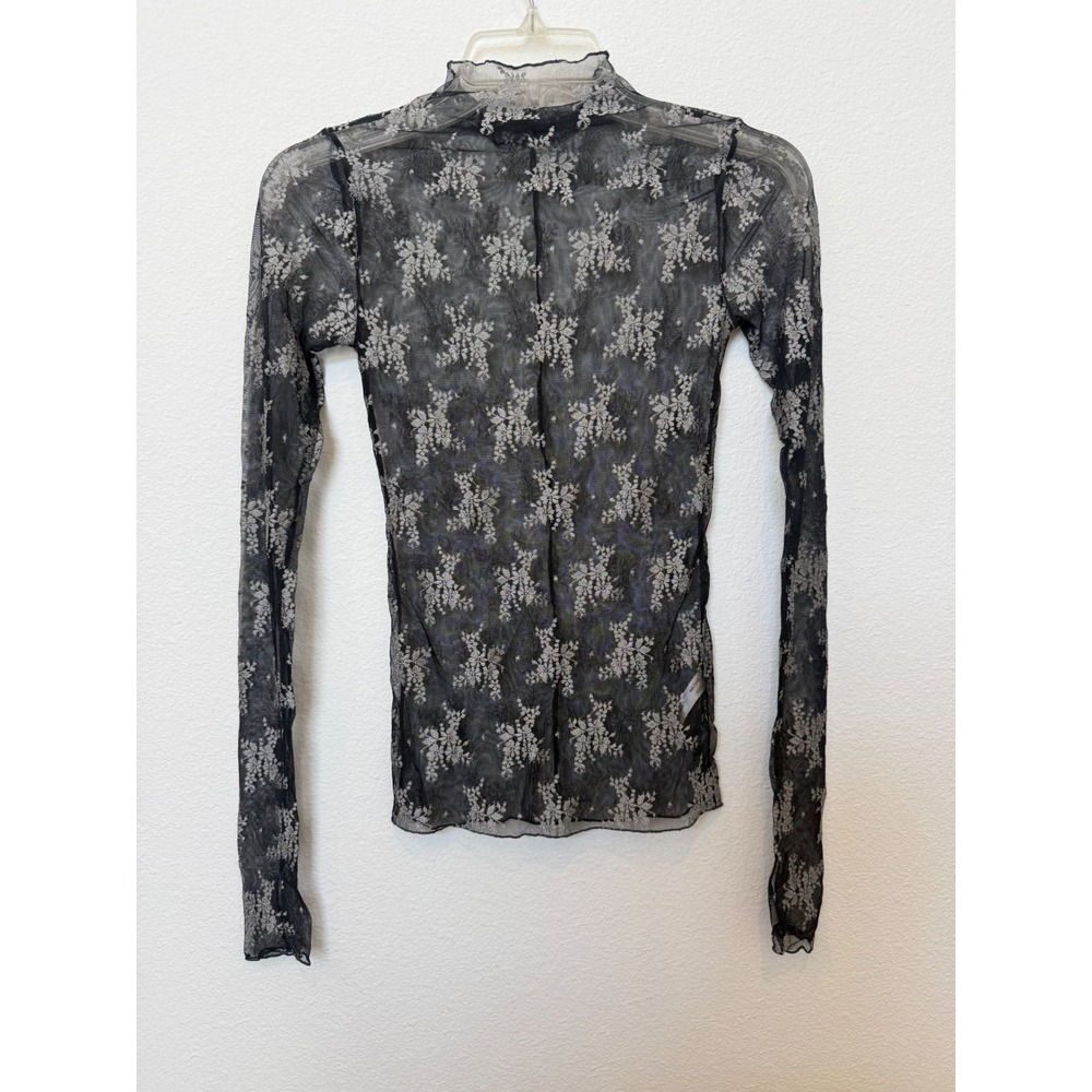 Free People Intimately Sheer Floral Mesh Mock Neck Long Sleeve Top Black XS
